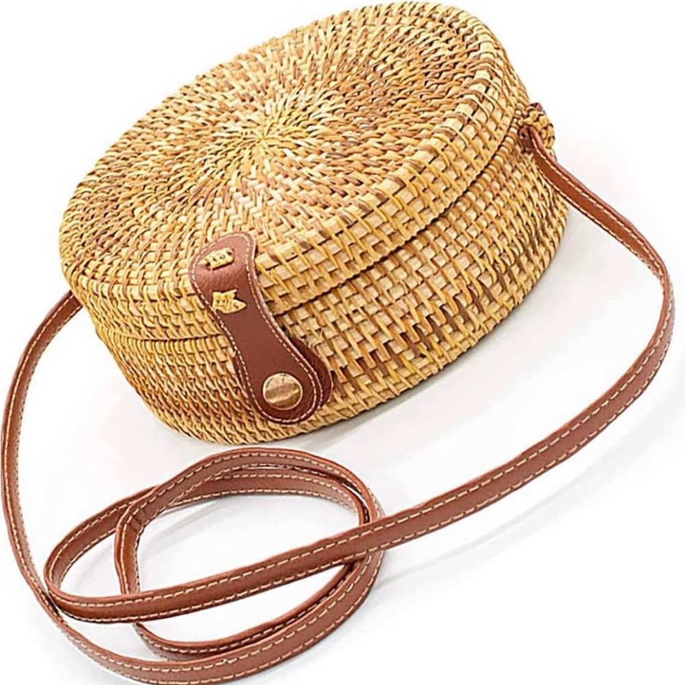 Round Woven Straw Bag with Brown Leather Strap